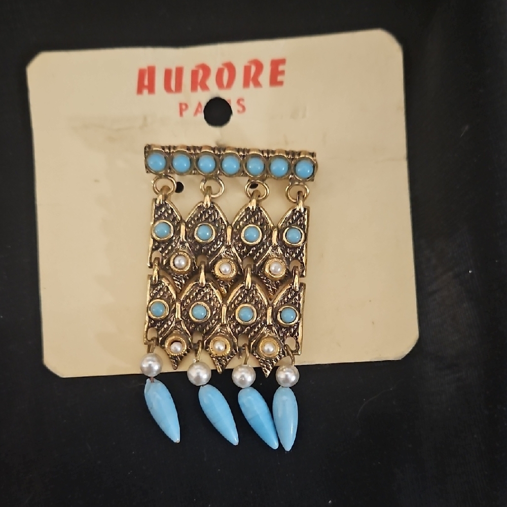 Vintage Brooch With Trombone Clasp, Pearls, And Glass